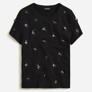 J. Crew Embellished Sequin Flower Short Sleeve T-Shirt Black Women's Medium